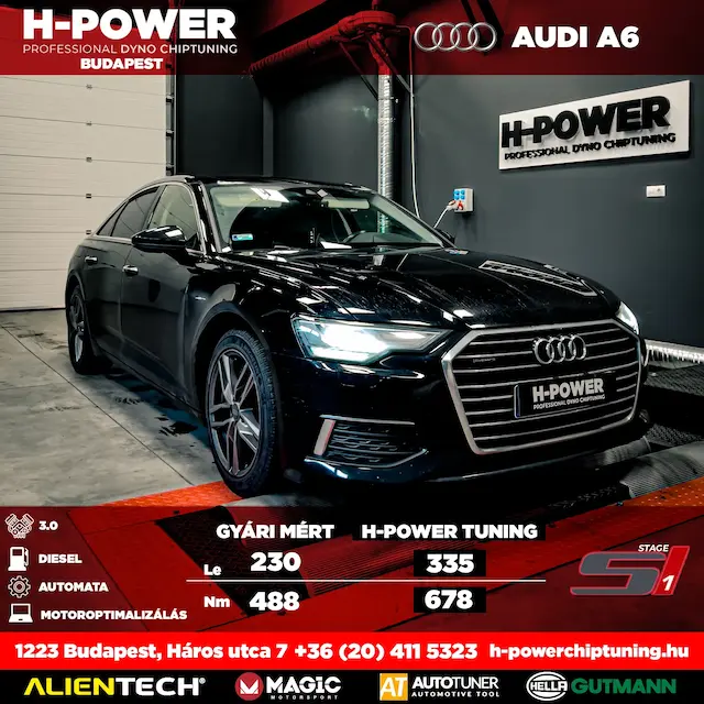 Audi A6 – gyári: 230 LE / 488 Nm, H-POWER tuning: 335 LE / 678 Nm