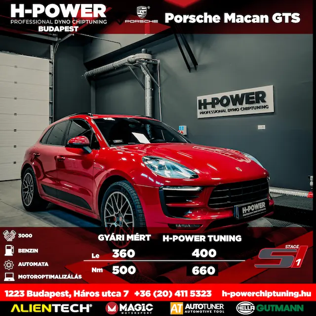 Porsche Macan GTS – gyári: 360 LE / 500 Nm, H-POWER tuning: 400 LE / 660 Nm